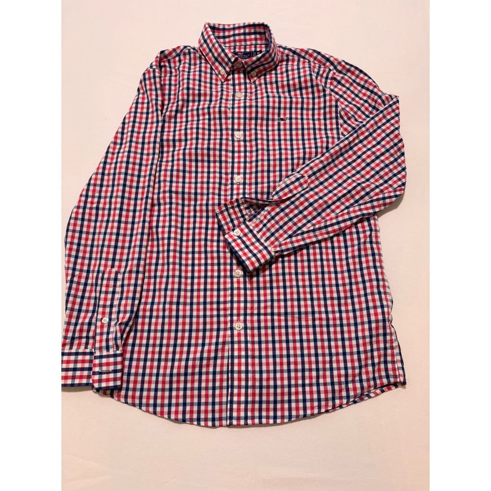 Vineyard Vines Boys Whale Shirt Pink White Navy Gingham Button Down M 12-14